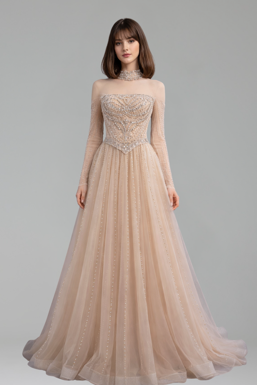 Crystal Beaded Long Sleeve Dress - LAROSABRIDE
