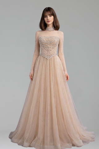 Crystal Beaded Long Sleeve Dress - LAROSABRIDE