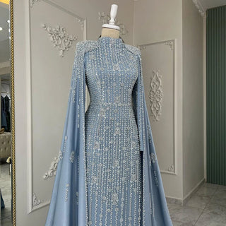 Ships in 2 to 5 Days - 2025 Luxury Dubai Blue Muslim Mermaid Beaded Evening Gown with Cape Sleeves for Women's Party