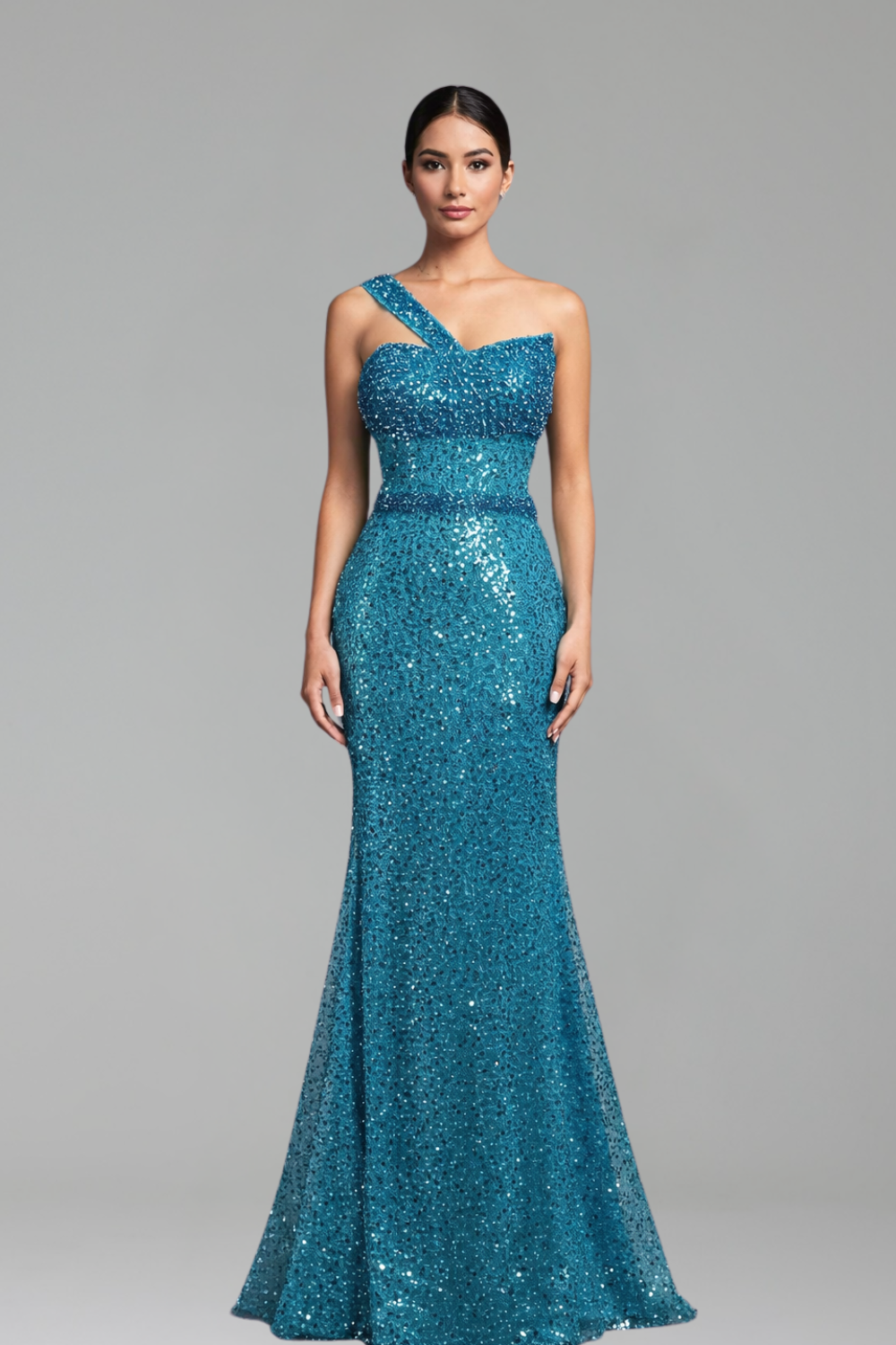One-Shoulder Beaded Mermaid Dress-Larosabride