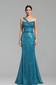 One-Shoulder Beaded Mermaid Dress-Larosabride