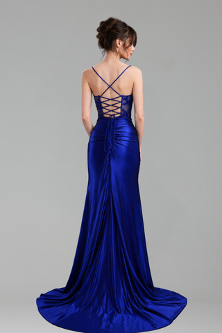 Beaded Satin Slit Evening Dress - LAROSABRIDE