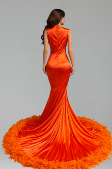 Feathered Beaded Mermaid Gown - LAROSABRIDE