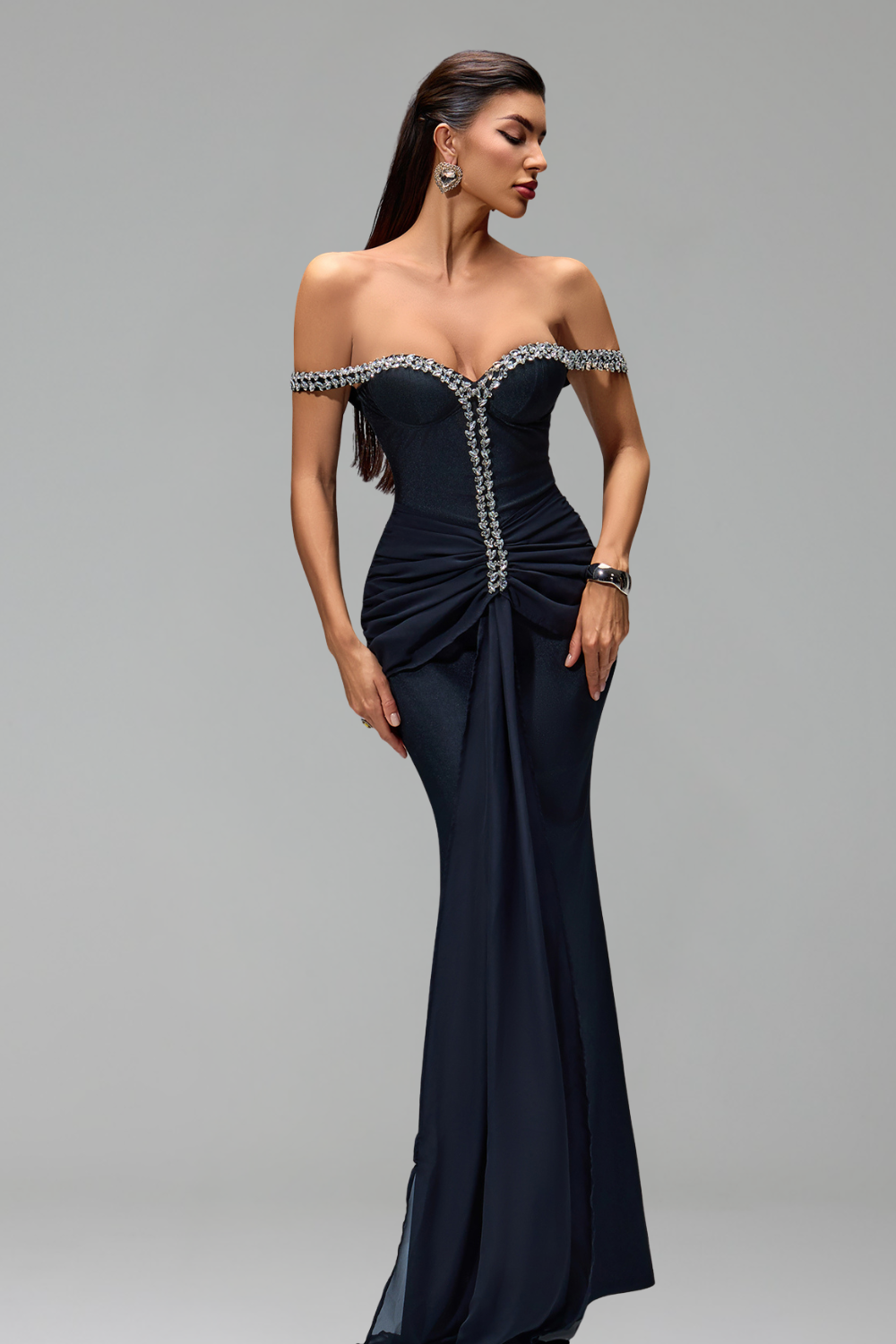 Off-Shoulder Crystal-Draped Gown-Larosabride