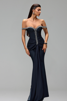 Off-Shoulder Crystal-Draped Gown-Larosabride