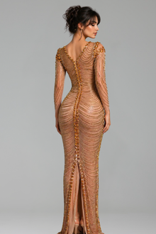 Deep V Neck Chain Embellished Gown - LAROSABRIDE
