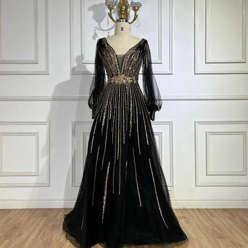 2025 Black Lantern Long Sleeves Evening Dress - Luxury Beaded A-Line Gown for Women’s Parties