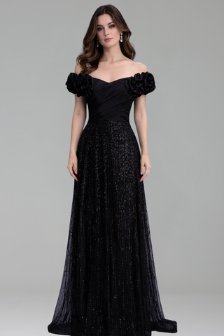 Off Shoulder Beaded Flower Sleeve Gown - LAROSABRIDE