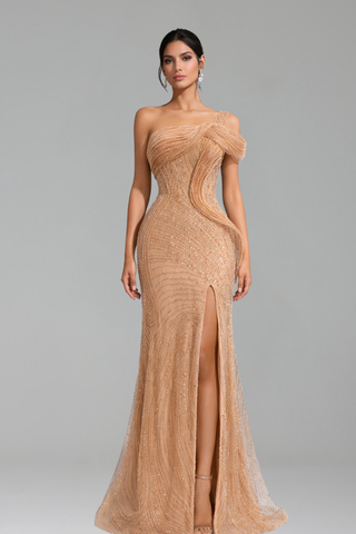 One Shoulder Beaded Mermaid Gown - LAROSABRIDE