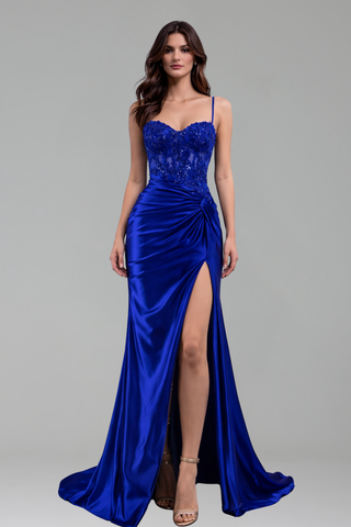 Satin Lace Beaded Slit Gown - LAROSABRIDE