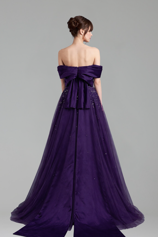 Peach Off-the-Shoulder A-Line Satin Gown - LAROSABRIDE