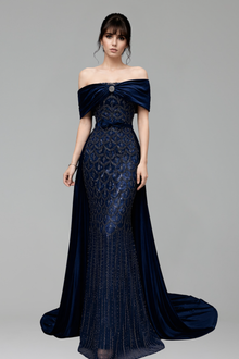 Navy Blue Beaded Evening Dress - LAROSABRIDE