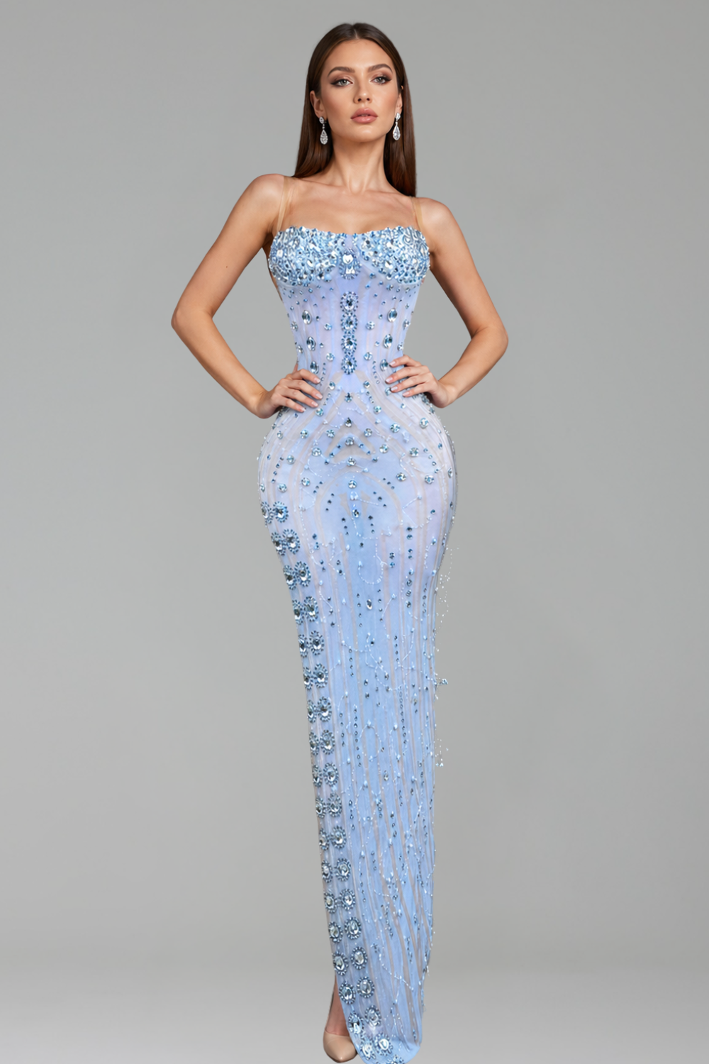 Embellished Sheer Illusion Column Gown - LAROSABRIDE
