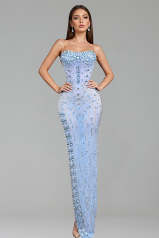 Embellished Sheer Illusion Column Gown - LAROSABRIDE