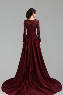Wine Red Beaded Mermaid Gown with Overskirt - LAROSABRIDE
