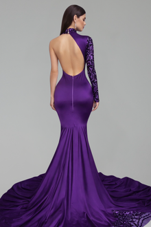 Purple One Sleeve Embellished Mermaid Gown - LAROSABRIDE