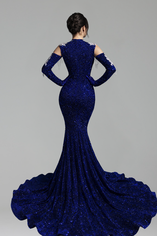 Beaded Illusion Long Sleeve Mermaid Gown