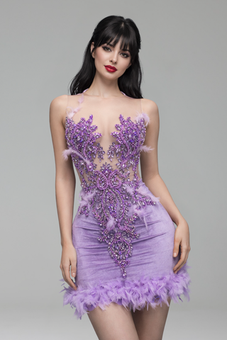 Feather Trim Embellished Mini Dress - LAROSABRIDE