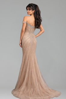 Nude Crystal Off-Shoulder Beaded Mermaid Gown - LAROSABRIDE