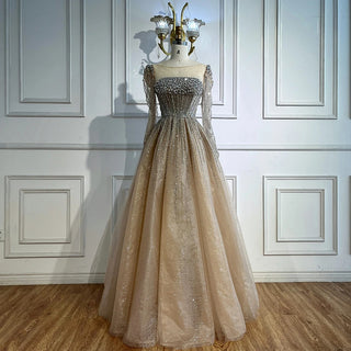 Ships in 2 to 5 Days -Luxury Caramel Sparkly A-Line Evening Dress – Long Sleeve Ball Gown for Prom & Parties