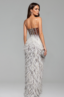 Strapless Embroidered Feather High-Slit Dress - LAROSABRIDE