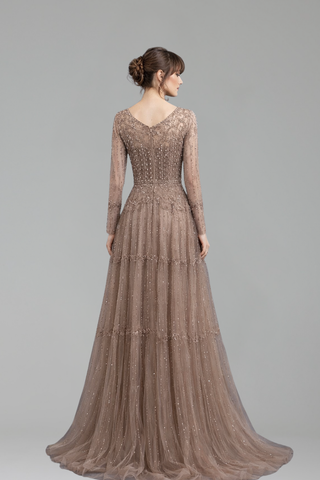 Beaded Cape Long Sleeve Dress - LAROSABRIDE