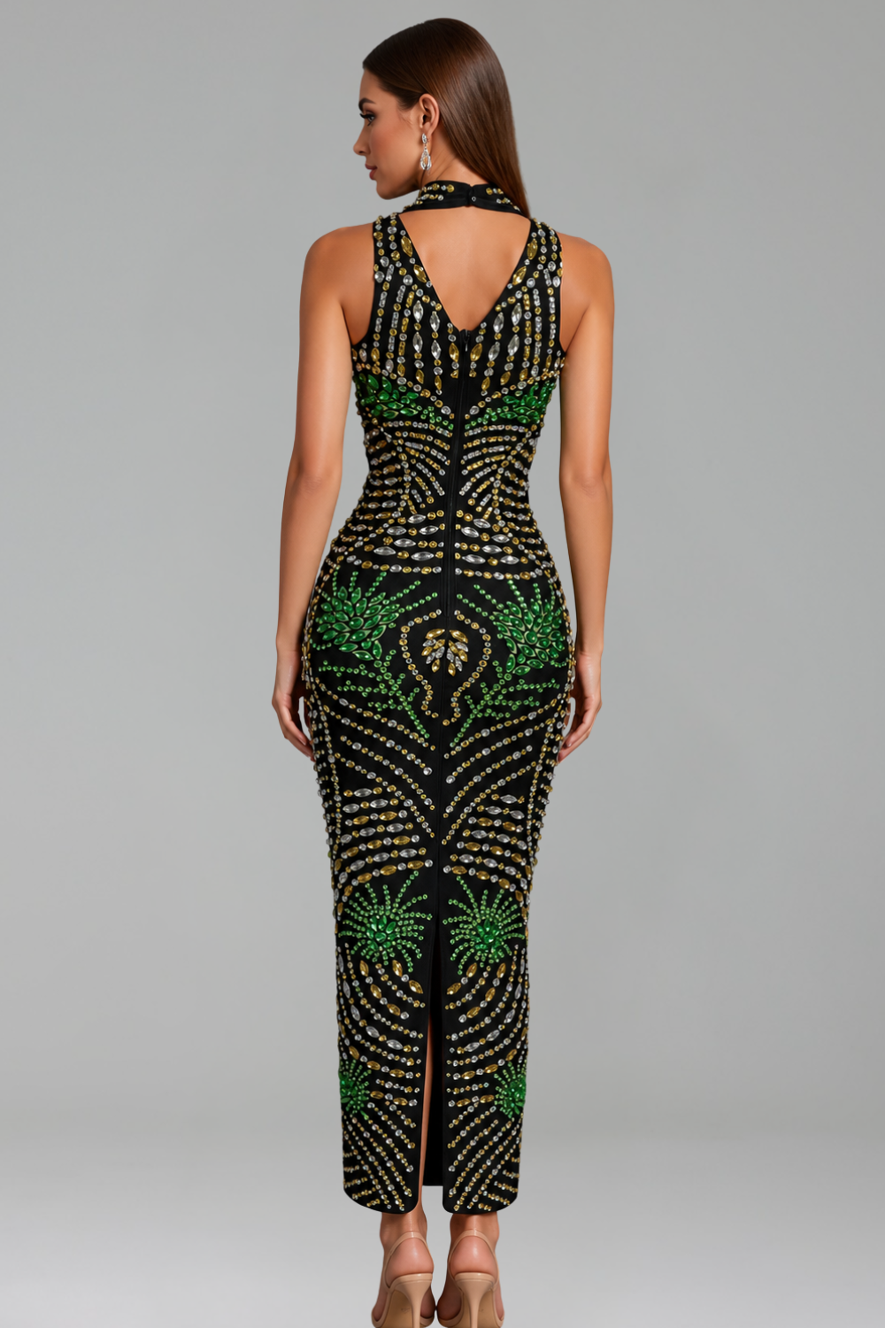 Embellished High Neck Fitted Dress - LAROSABRIDE