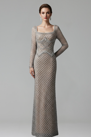 Long-Sleeve Pearl-Beaded Dress