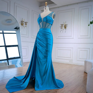 Ships in 2 to 5 Days - Luxury Blue Prom Dress – Spaghetti Strap Evening Gown with Dramatic Side Overskirt.