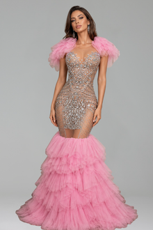 Crystal Feathered Shoulder Tulle Dress - LAROSABRIDE