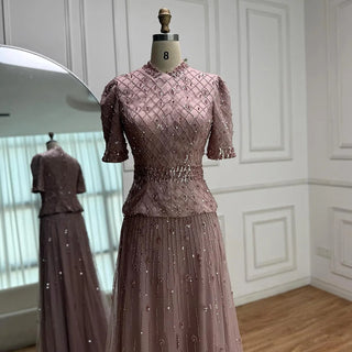 Blush Embellished Peplum Evening Gown