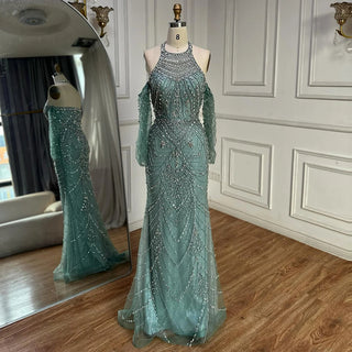 Elegant Beaded Halter Gown with Sheer Sleeves