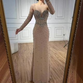 Nude Long Sleeve Beaded Dress