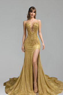 Gold Embroidered High Slit Gown - LAROSABRIDE