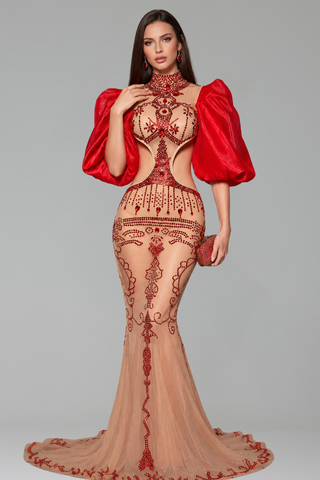 Crystal Cutout Puff Sleeve Gown
