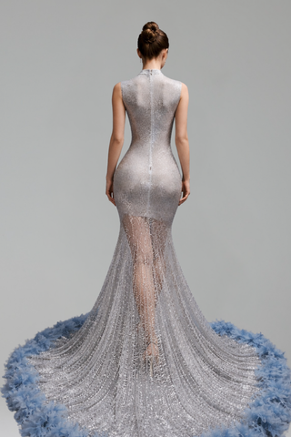 Beaded Illusion Mermaid Feather Gown