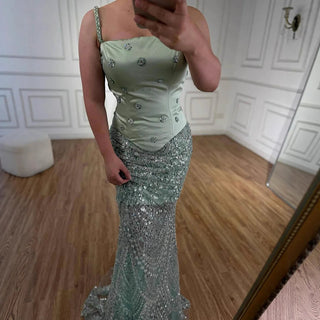 2025 Luxury Sage Green Beaded Evening Gown with Spaghetti Straps – Elegant Formal Occasion Dress