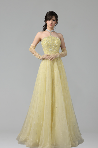 Beaded Yellow Halter Dress with Gloves - LAROSABRIDE
