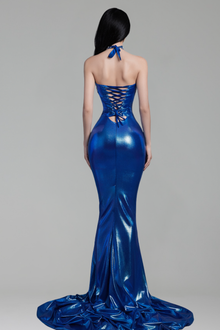 Crystal Halter Corset Metallic Mermaid Gown - LAROSABRIDE