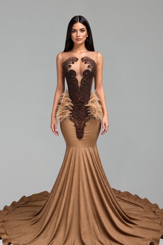 Feathered Beaded Illusion Mermaid Gown - LAROSABRIDE