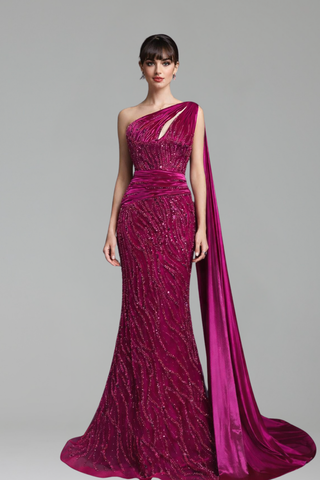 One-Shoulder Beaded Mermaid Dress-Larosabride