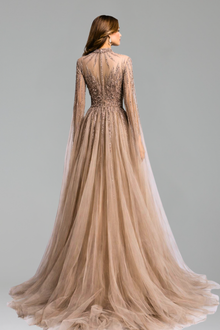 Beaded Cape Sleeve A-Line Dress - LAROSABRIDE