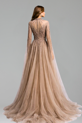 Beaded Cape Sleeve A-Line Dress - LAROSABRIDE