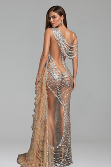 Sheer Beaded Cutout Gown - LAROSABRIDE