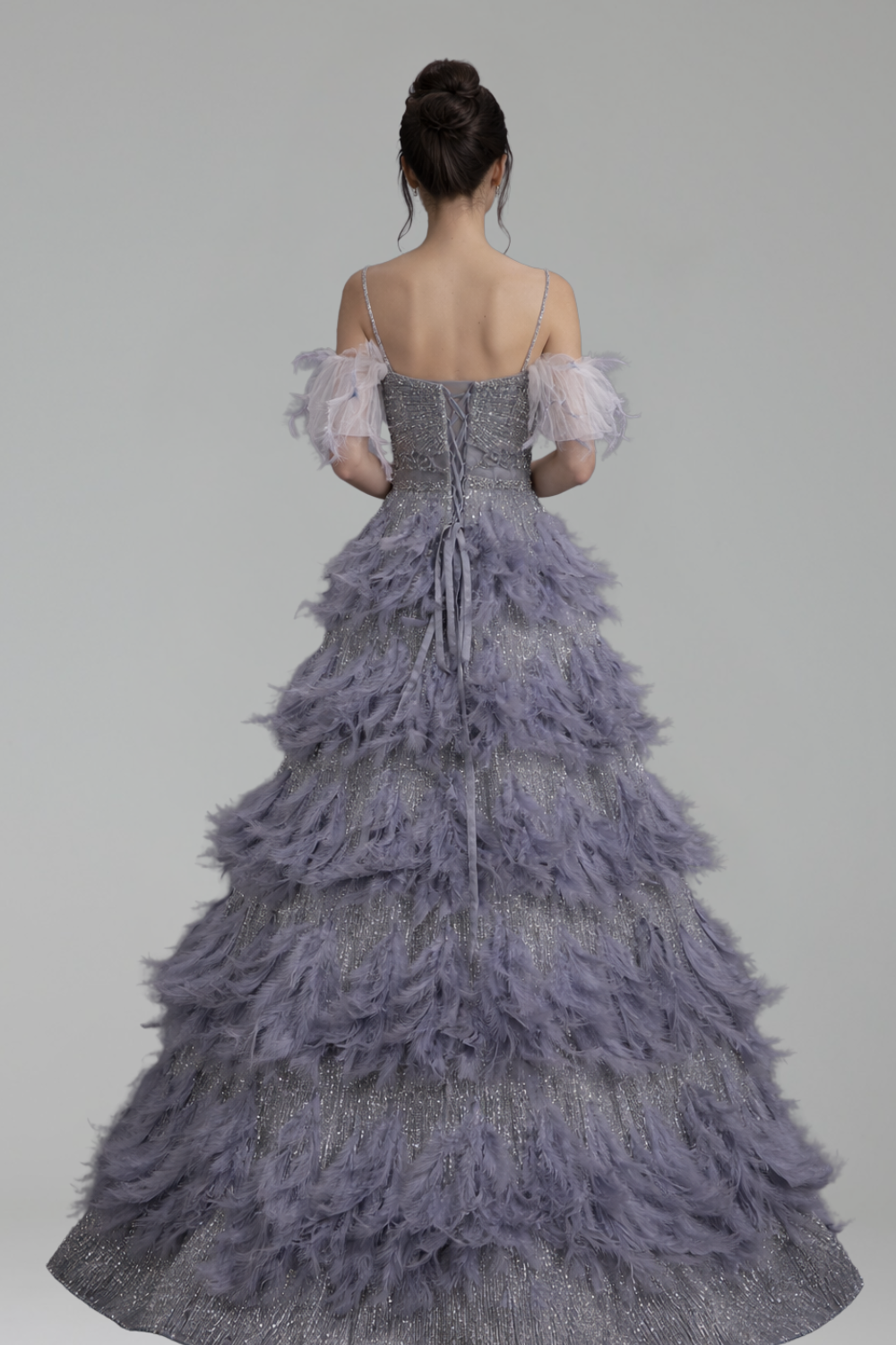Gray Beaded Feather A Line Dress - LAROSABRIDE