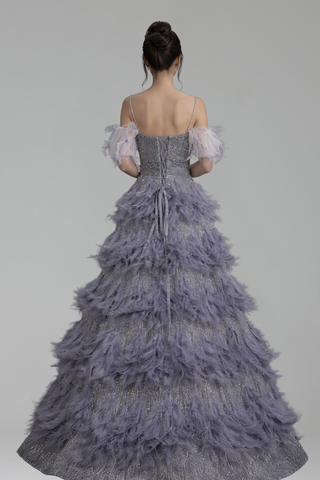 Gray Beaded Feather A Line Dress - LAROSABRIDE