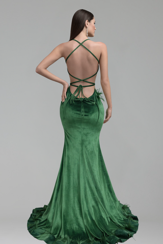 Feathered Embellished Mermaid Gown
