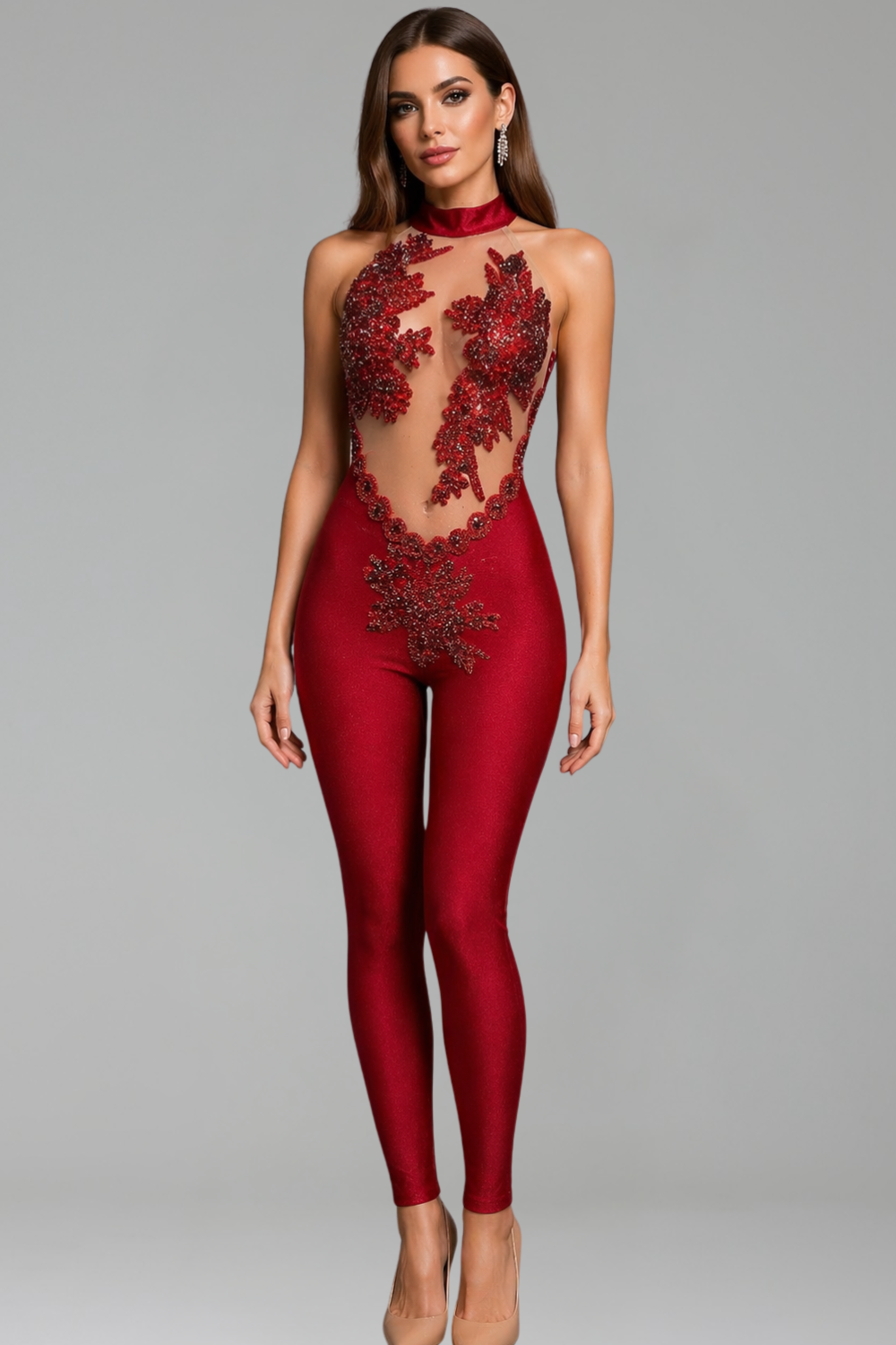 Sheer Panel Embellished Jumpsuit - LAROSABRIDE