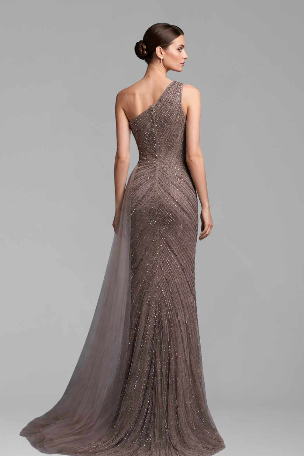 One-Shoulder Beaded Column Gown-Larosabride