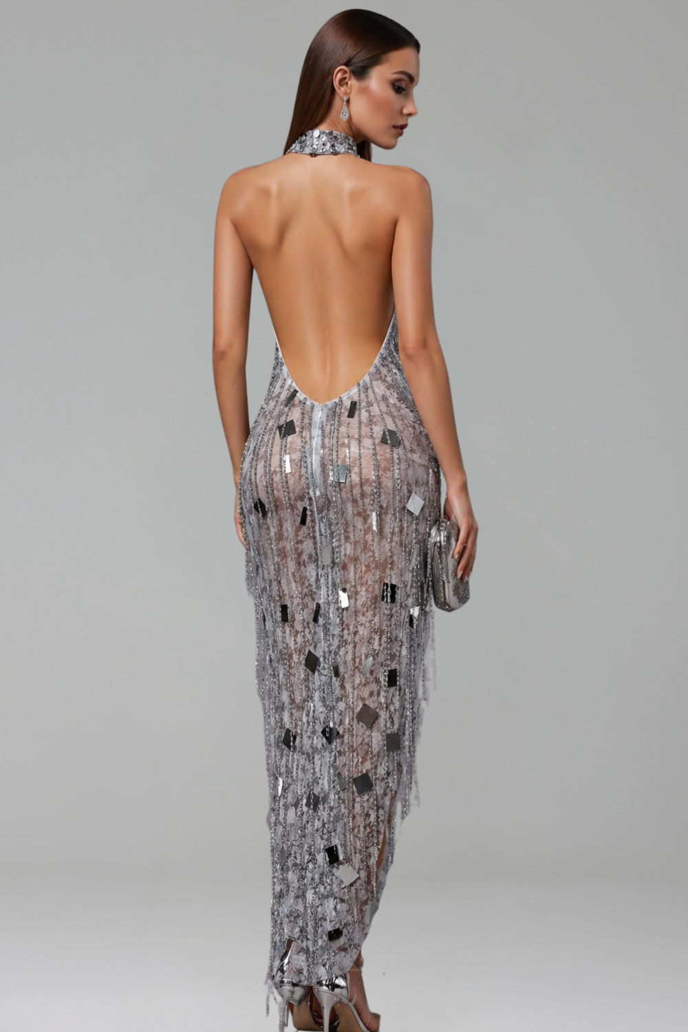 Chain Fringe Halter High Slit Dress - LAROSABRIDE